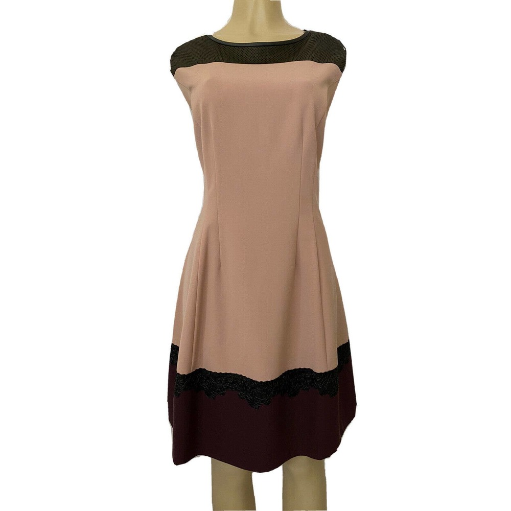 Beatrice B Dress Fit Flare Sleeveless Scoop neck Leather Trim Blush Pink…